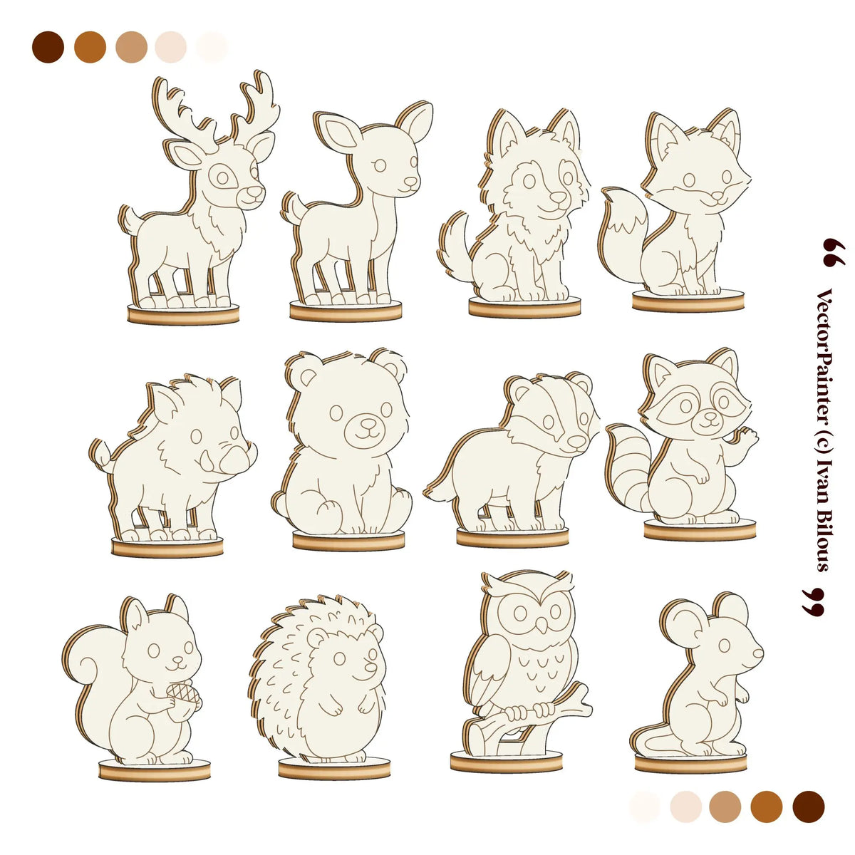 Front outlines of 12 laser cut plywood forest animal standing figurines with engraved faces on round stands on white.