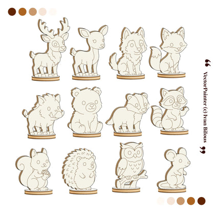 Front outlines of 12 laser cut plywood forest animal standing figurines with engraved faces on round stands on white.