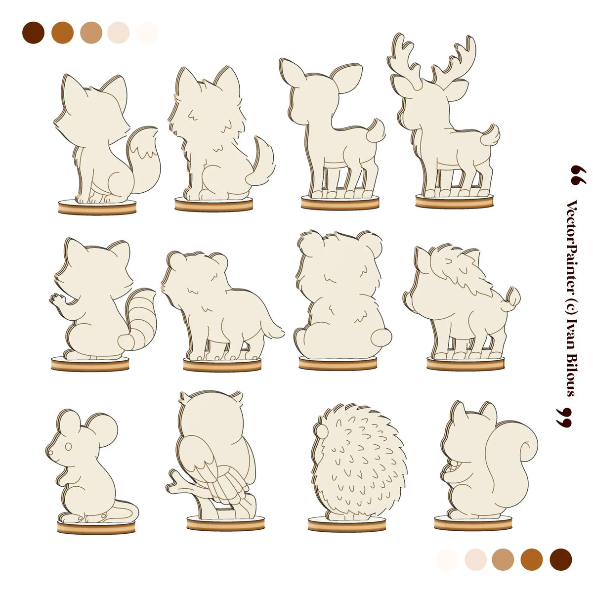 Back view diagram showing 12 laser cut plywood woodland animal figurines slotted into round base stands on white.