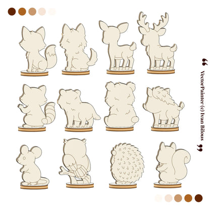 Back view diagram showing 12 laser cut plywood woodland animal figurines slotted into round base stands on white.