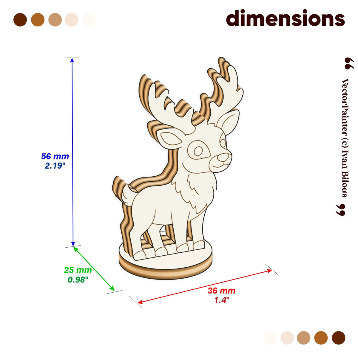 Dimension diagram of 3D layered laser cut plywood deer figurine on round stand with height, width, and base specs.