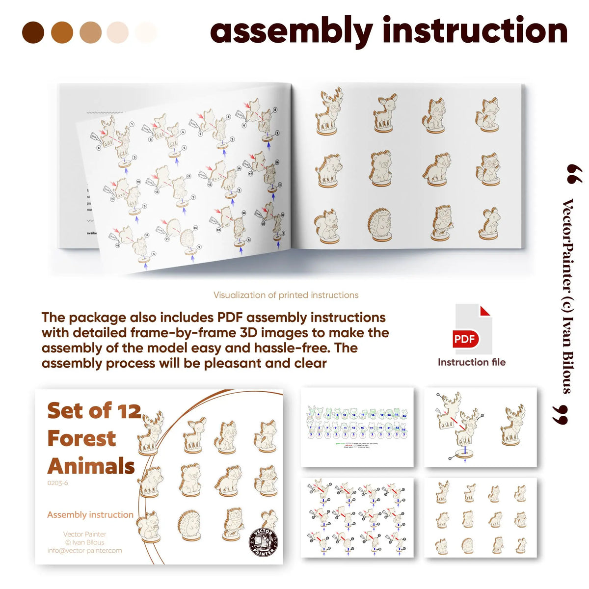 Open manual and pages showing step-by-step layer assembly guide for 12 laser cut plywood woodland animal figures