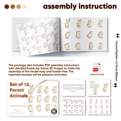 Open manual and pages showing step-by-step layer assembly guide for 12 laser cut plywood woodland animal figures