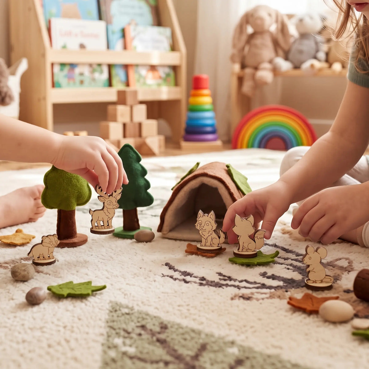 Children play with laser cut plywood woodland animal figurines among felt trees and cozy toy tent on patterned rug