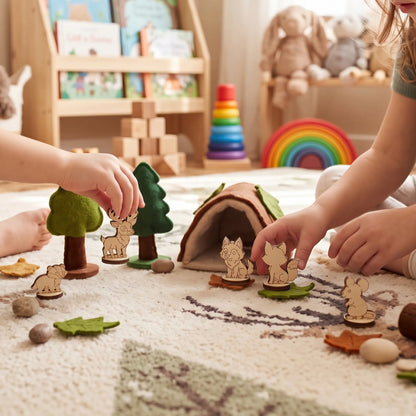 Children play with laser cut plywood woodland animal figurines among felt trees and cozy toy tent on patterned rug