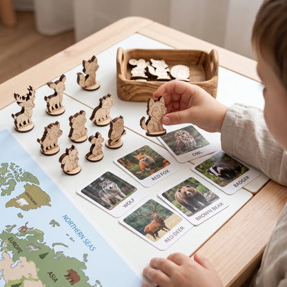 Child matches laser cut plywood woodland animal figurines with educational flashcards and map on wooden activity table.