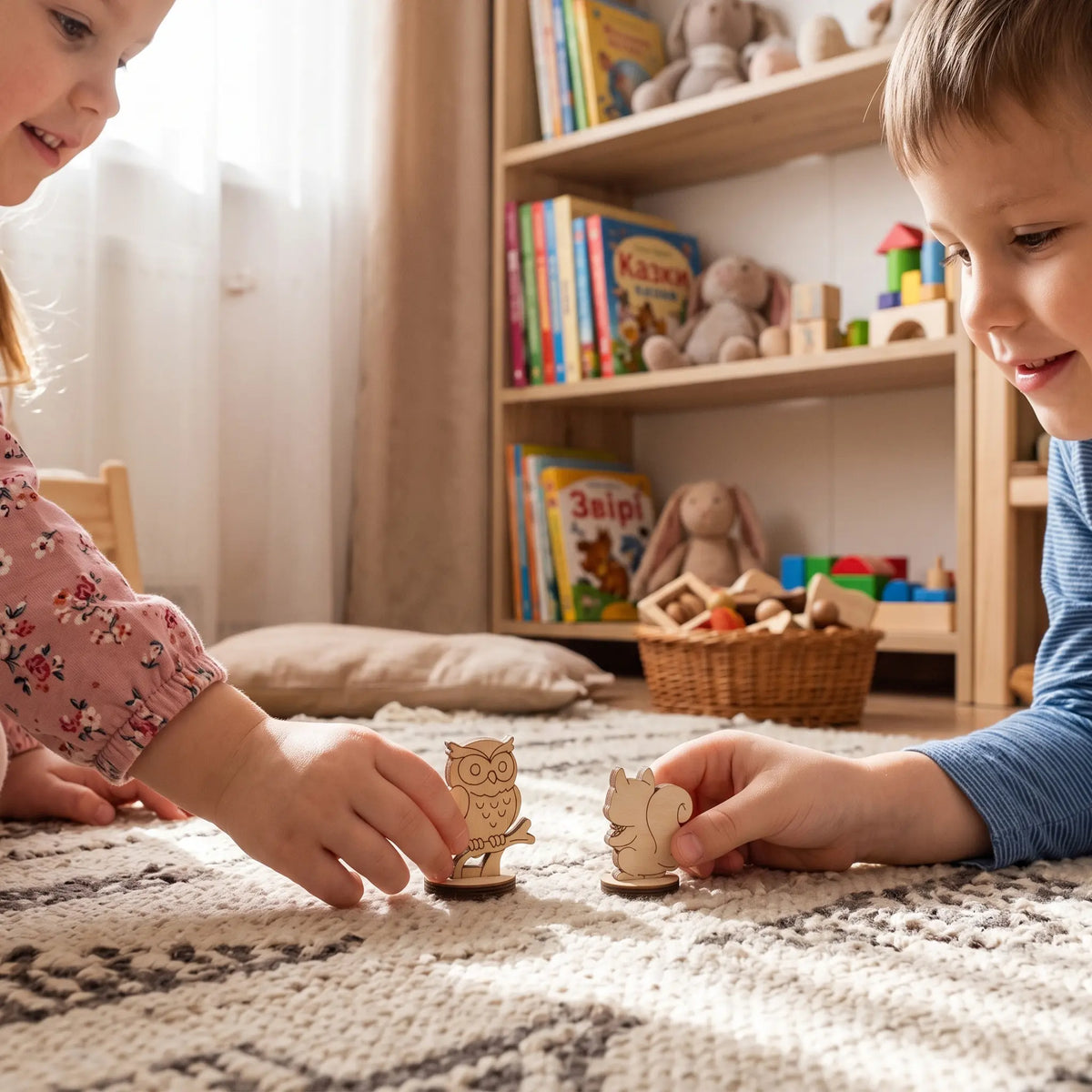 Two children play on cozy playroom carpet with laser cut plywood owl and squirrel figurines, showing toddler scale.