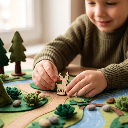 Child plays with laser cut plywood stag deer figurine on felt landscape play mat with cloth trees and winding paths.