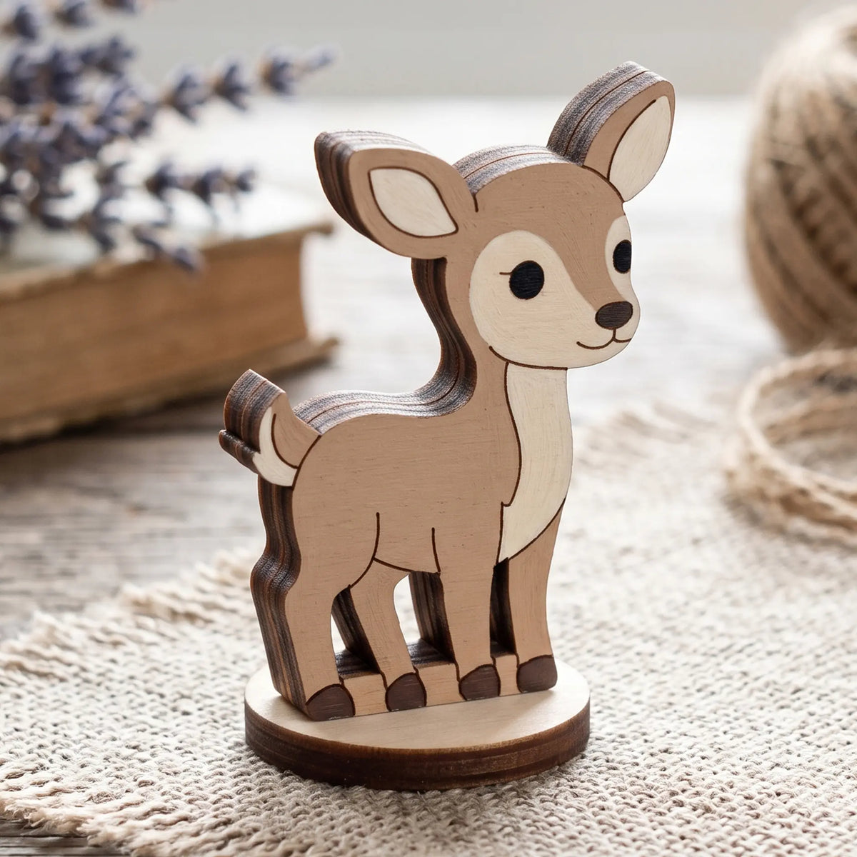 Hand-painted laser cut plywood baby deer figurine standing on round base over linen cloth near vintage book.