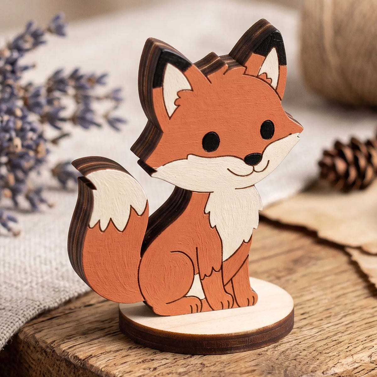 Hand-painted laser cut plywood baby fox figurine sitting on a round wooden base beside dried lavender and pinecone.
