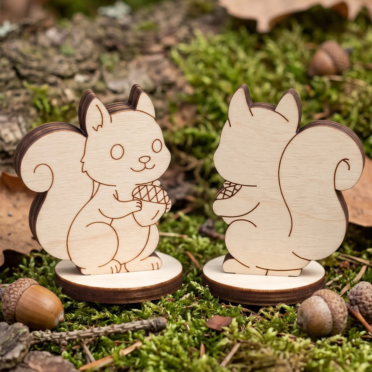 Front and rear views of laser cut plywood squirrel figurine holding acorn, standing on green forest moss.
