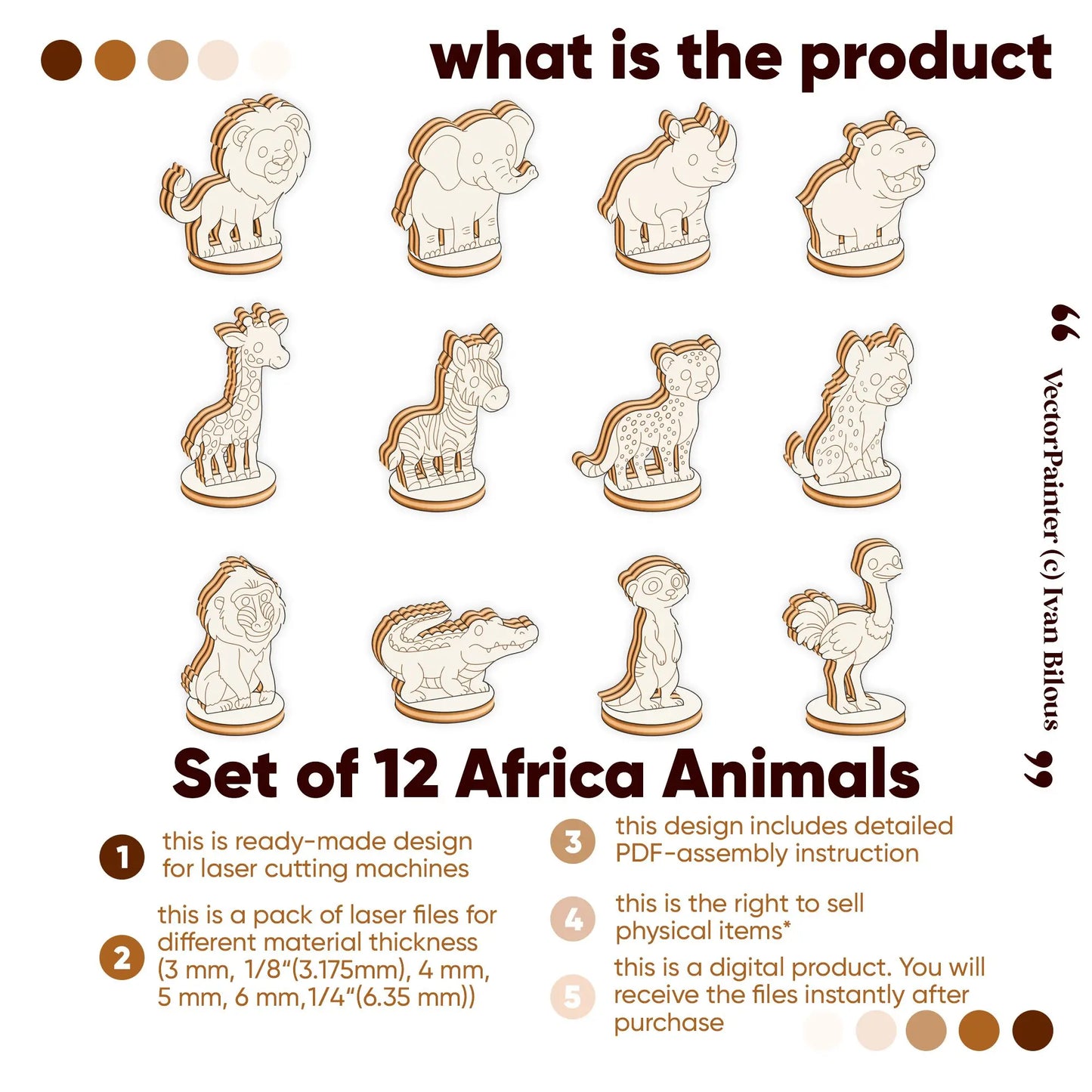 Set of twelve laser-cut plywood African animal vector files and digital product details.