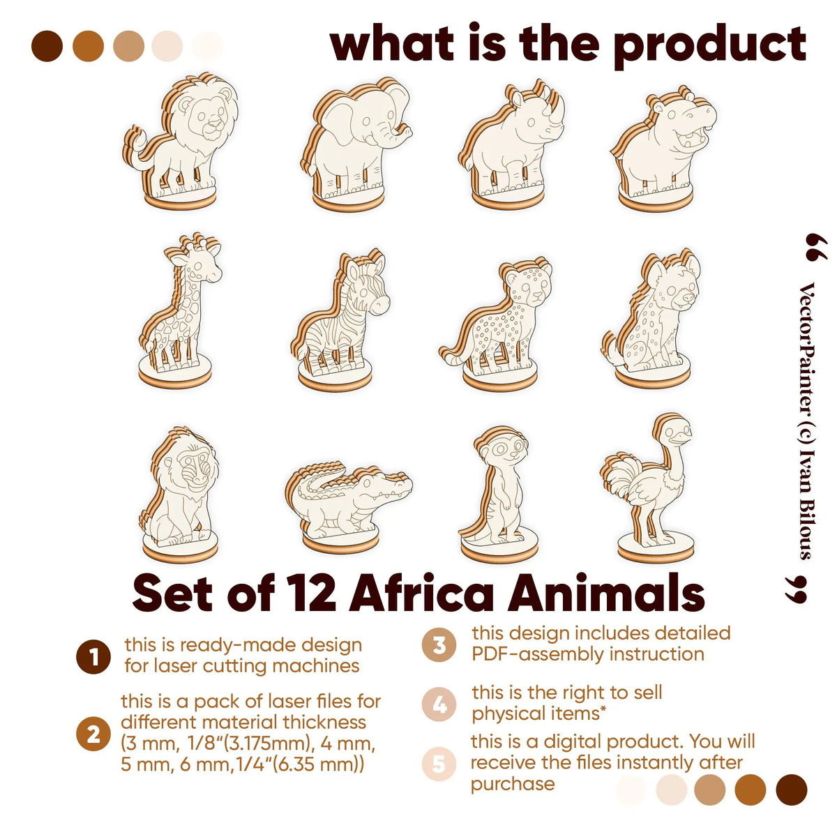 Set of twelve laser-cut plywood African animal vector files and digital product details.