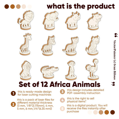 Set of twelve laser-cut plywood African animal vector files and digital product details.