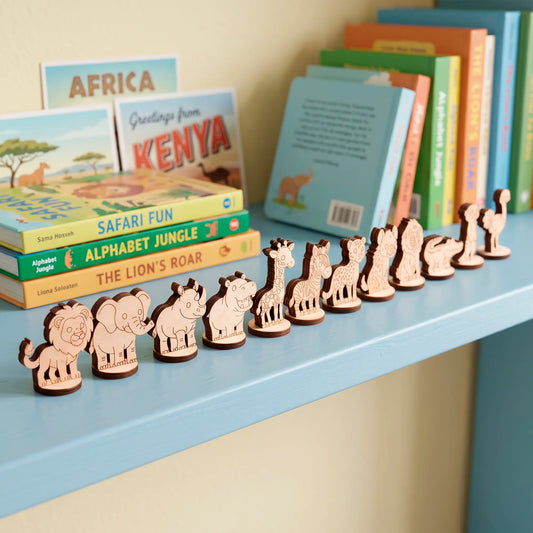 Small, unpainted laser-cut plywood African animal figurines lined up on a blue shelf next to children's books.