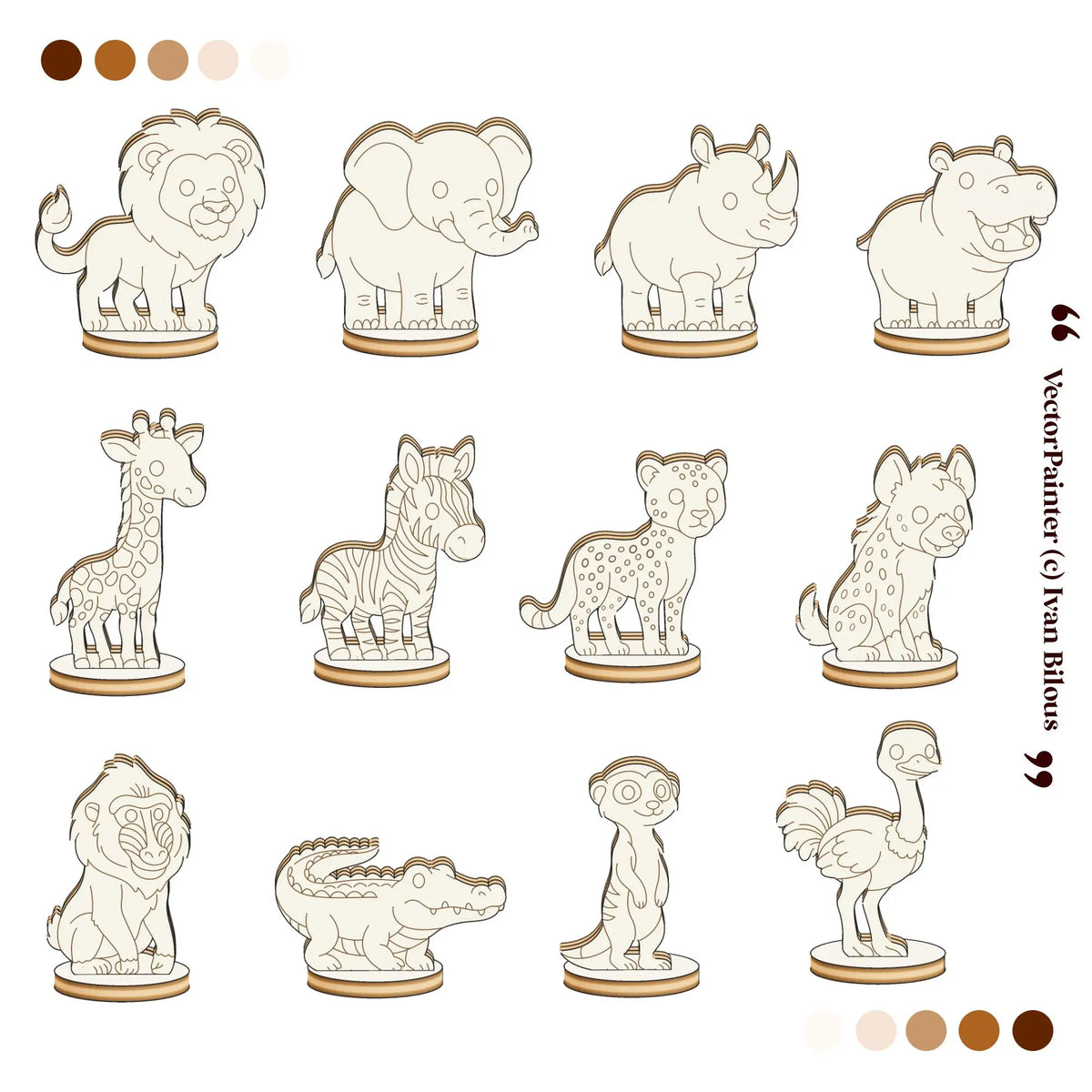 Front view illustration showing all twelve unpainted laser-cut plywood African animal figures.