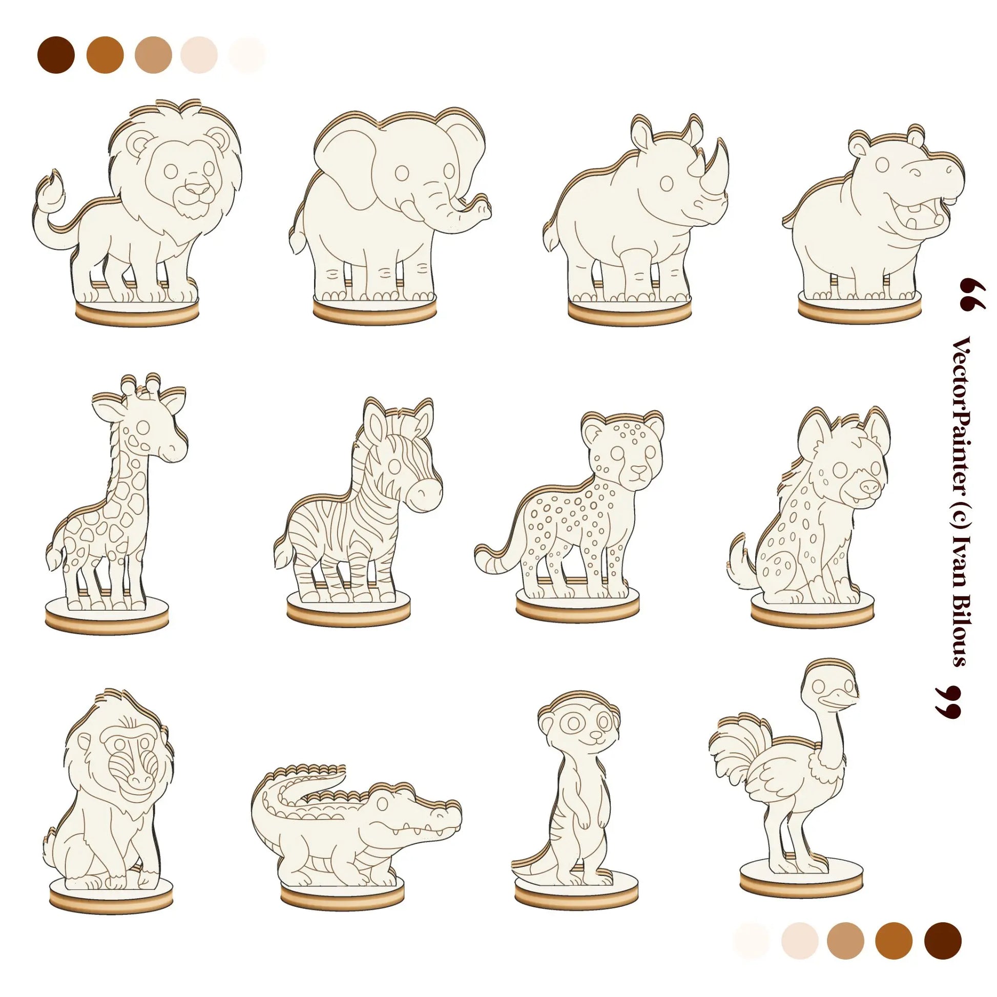 Front view illustration showing all twelve unpainted laser-cut plywood African animal figures.