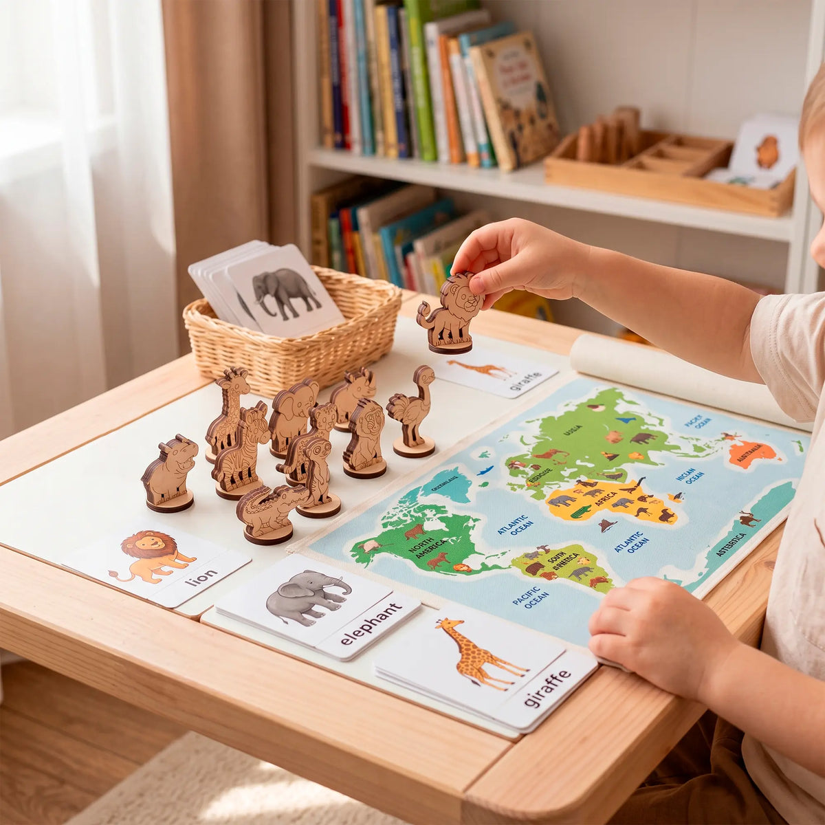 A child playing with laser-cut plywood African animal figures on a table, matching them to a world map and cards.
