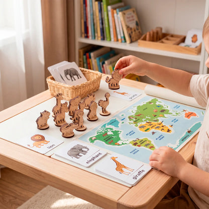 A child playing with laser-cut plywood African animal figures on a table, matching them to a world map and cards.