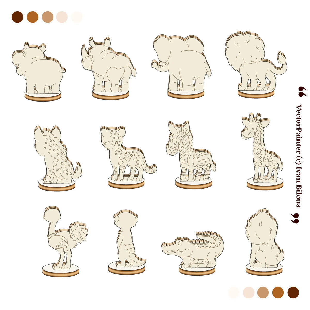 Back view rendering of the twelve laser-cut plywood African animal figurines.