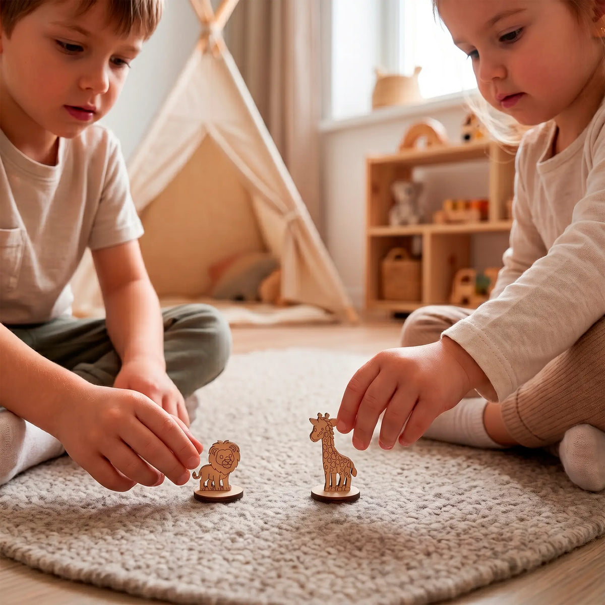 A boy and girl sitting on a carpet, playing with two small laser-cut plywood animal figures.