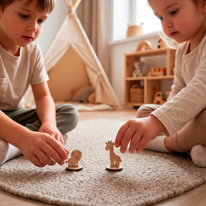 A boy and girl sitting on a carpet, playing with two small laser-cut plywood animal figures.