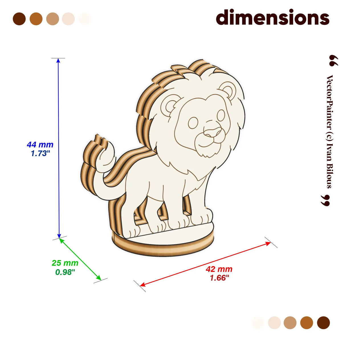 Dimensions diagram displaying measurements for a laser-cut plywood animal figure.