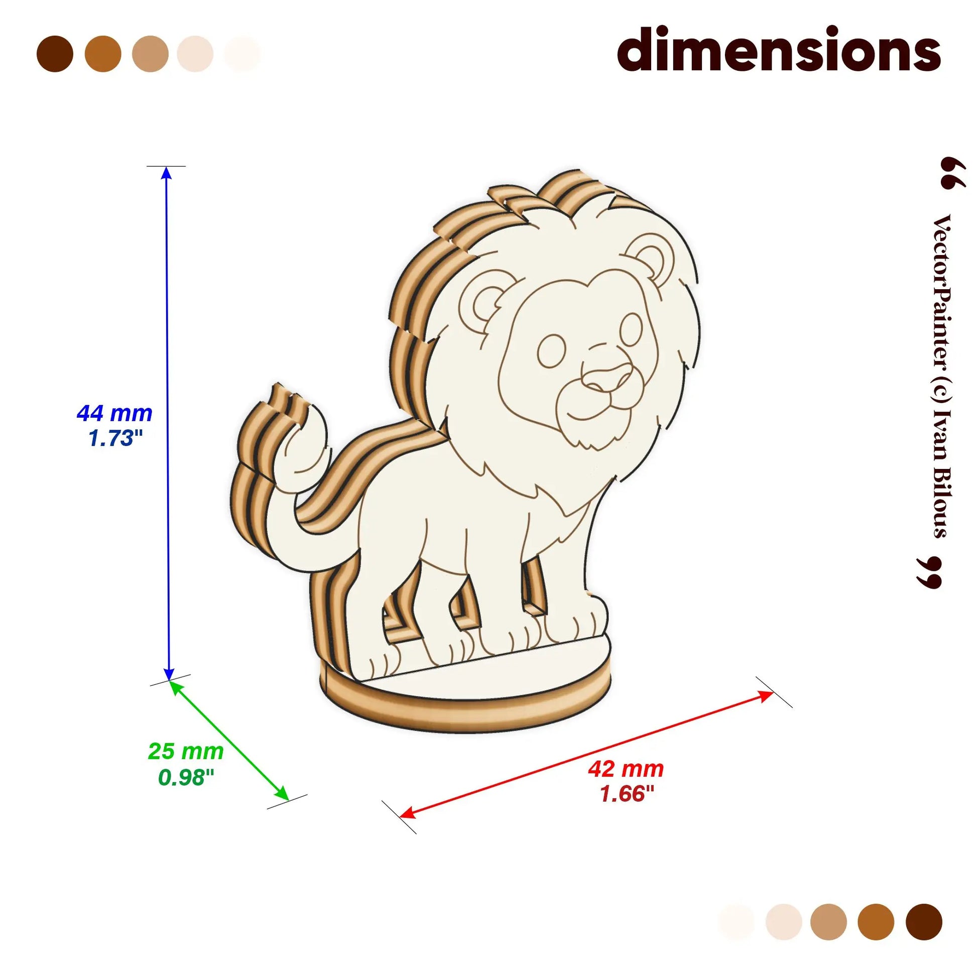 Dimensions diagram displaying measurements for a laser-cut plywood animal figure.