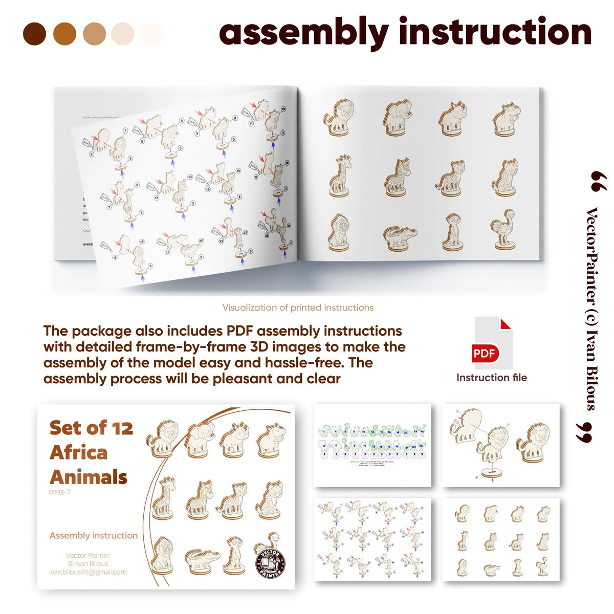 Visual preview of the PDF assembly instructions for the laser-cut plywood animals.