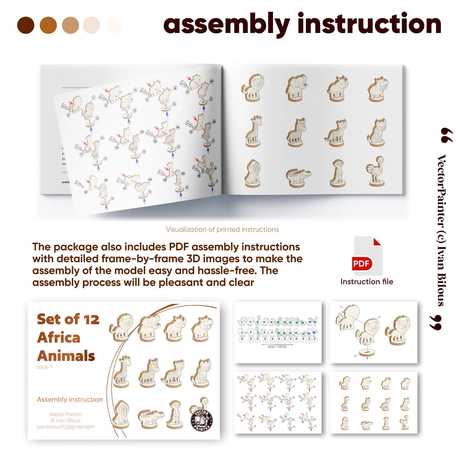 Visual preview of the PDF assembly instructions for the laser-cut plywood animals.