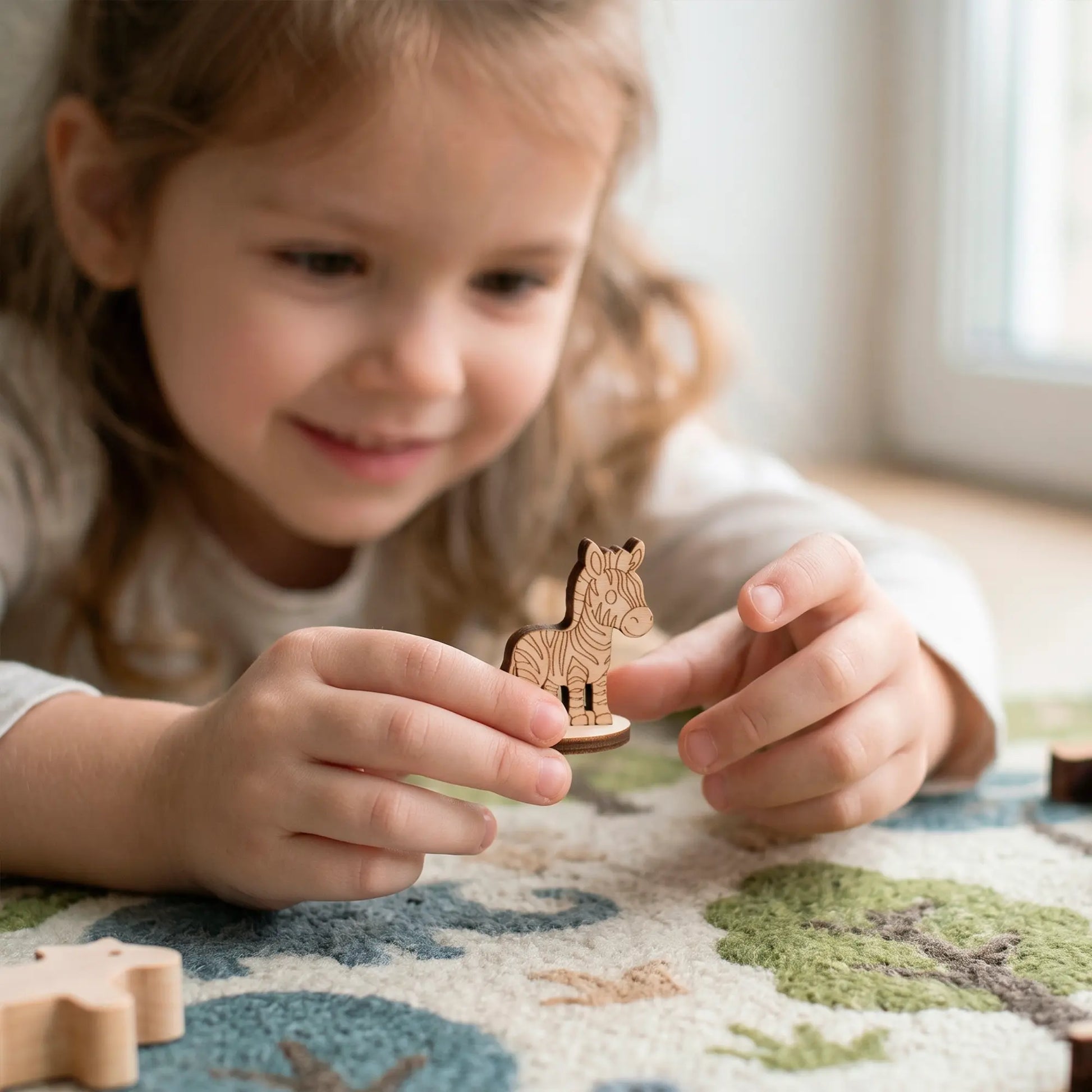 A young smiling girl carefully holding a small laser-cut plywood zebra figurine in her hands on a soft children's play mat.