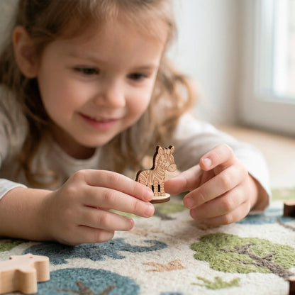 A young smiling girl carefully holding a small laser-cut plywood zebra figurine in her hands on a soft children's play mat.