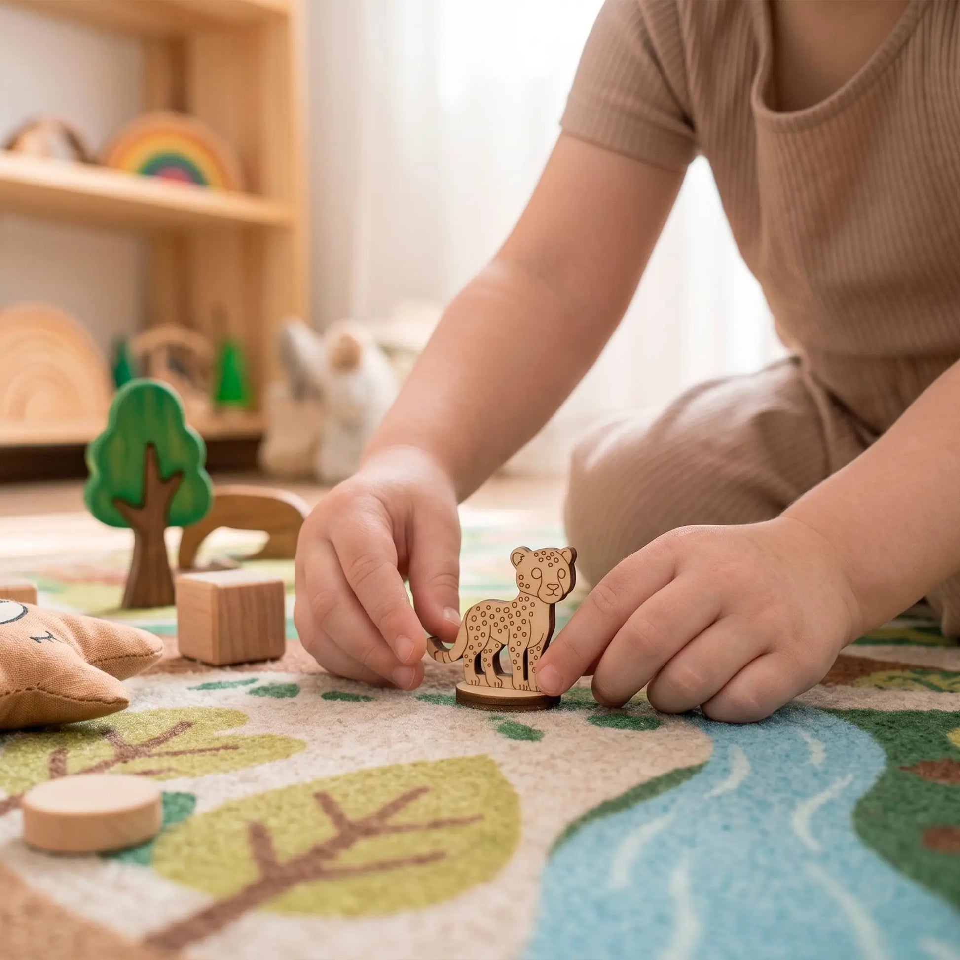 A young child sitting on a patterned rug and holding a small laser-cut plywood cheetah figurine next to cute wooden toys.