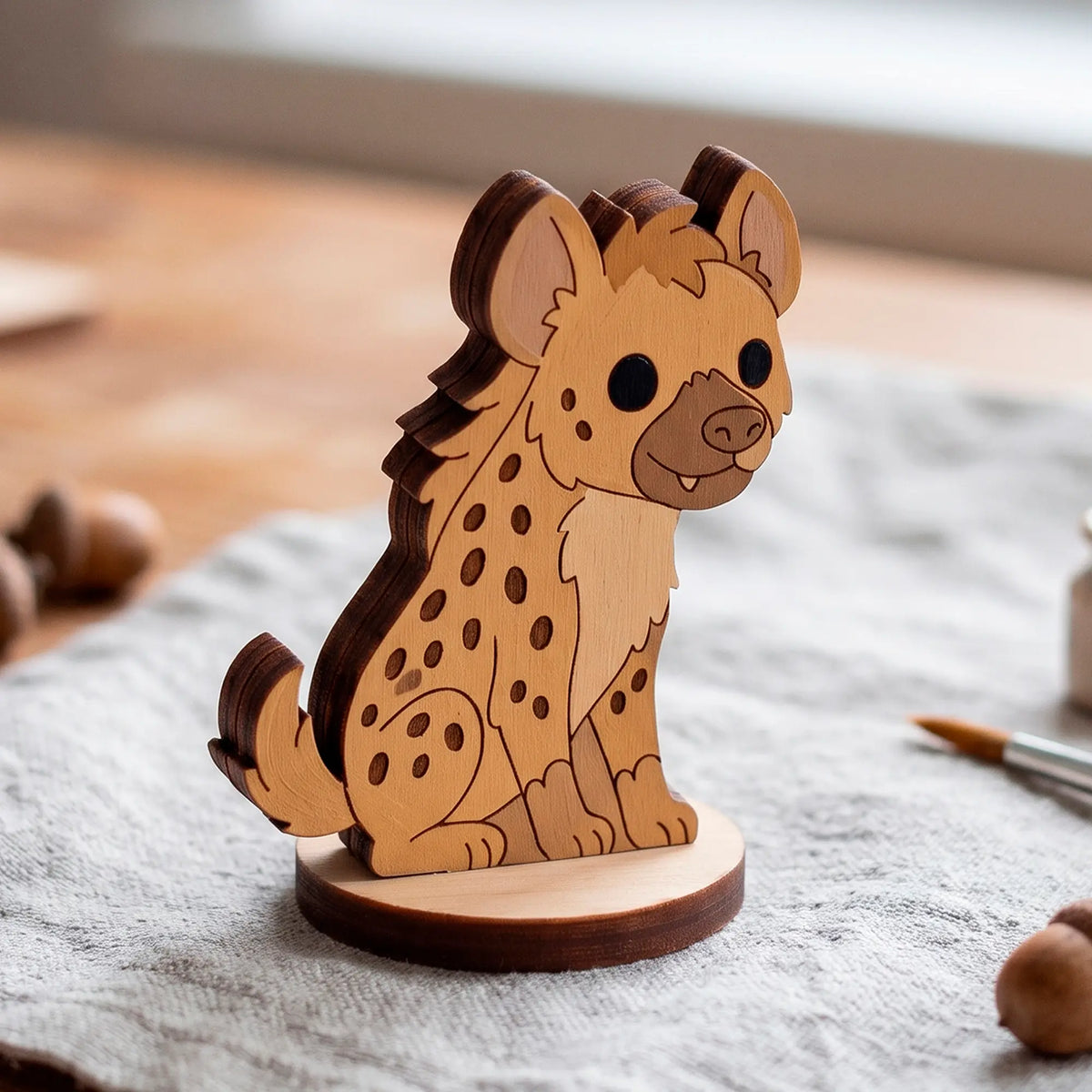 Laser-cut plywood hyena figurine with spotted patterns, sitting on a round wooden base on a grey fabric with a paintbrush.