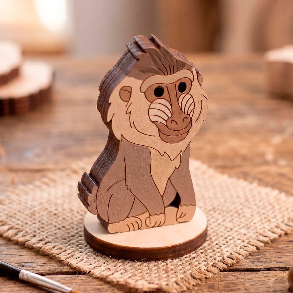 Close-up of a painted laser-cut plywood baboon animal figure standing on wood.