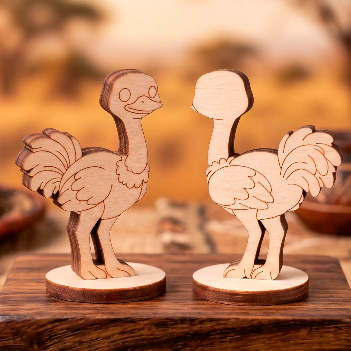 Two different laser-cut plywood ostrich figurines showing front and back anatomical views, standing together on wooden bases.