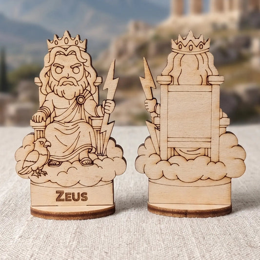 Laser cut plywood Zeus miniature showing front and back views on cloud throne with lightning bolt against Greek ruins