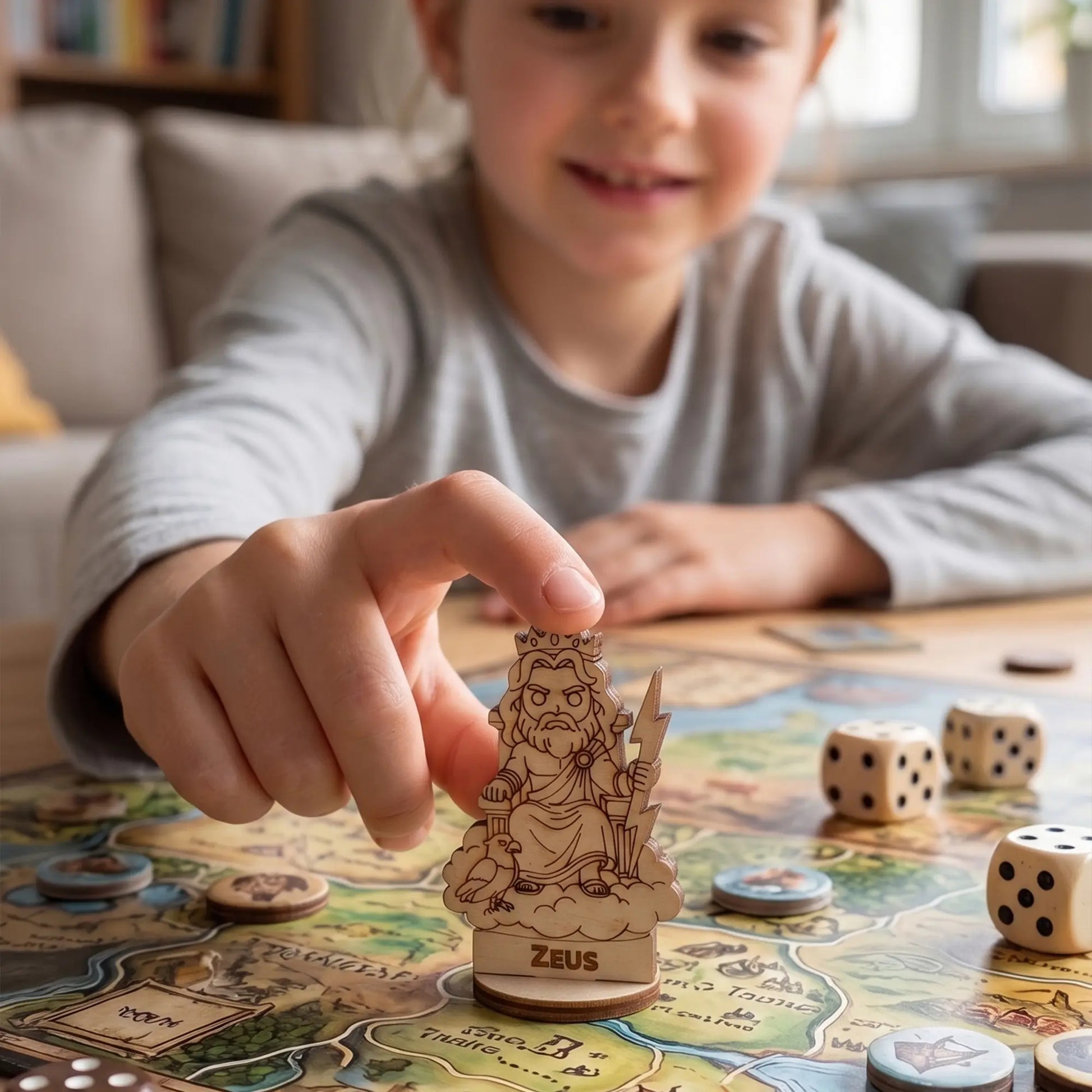 Lifestyle shot of a child playing with a laser cut plywood Zeus miniature on a colorful board game map with dice