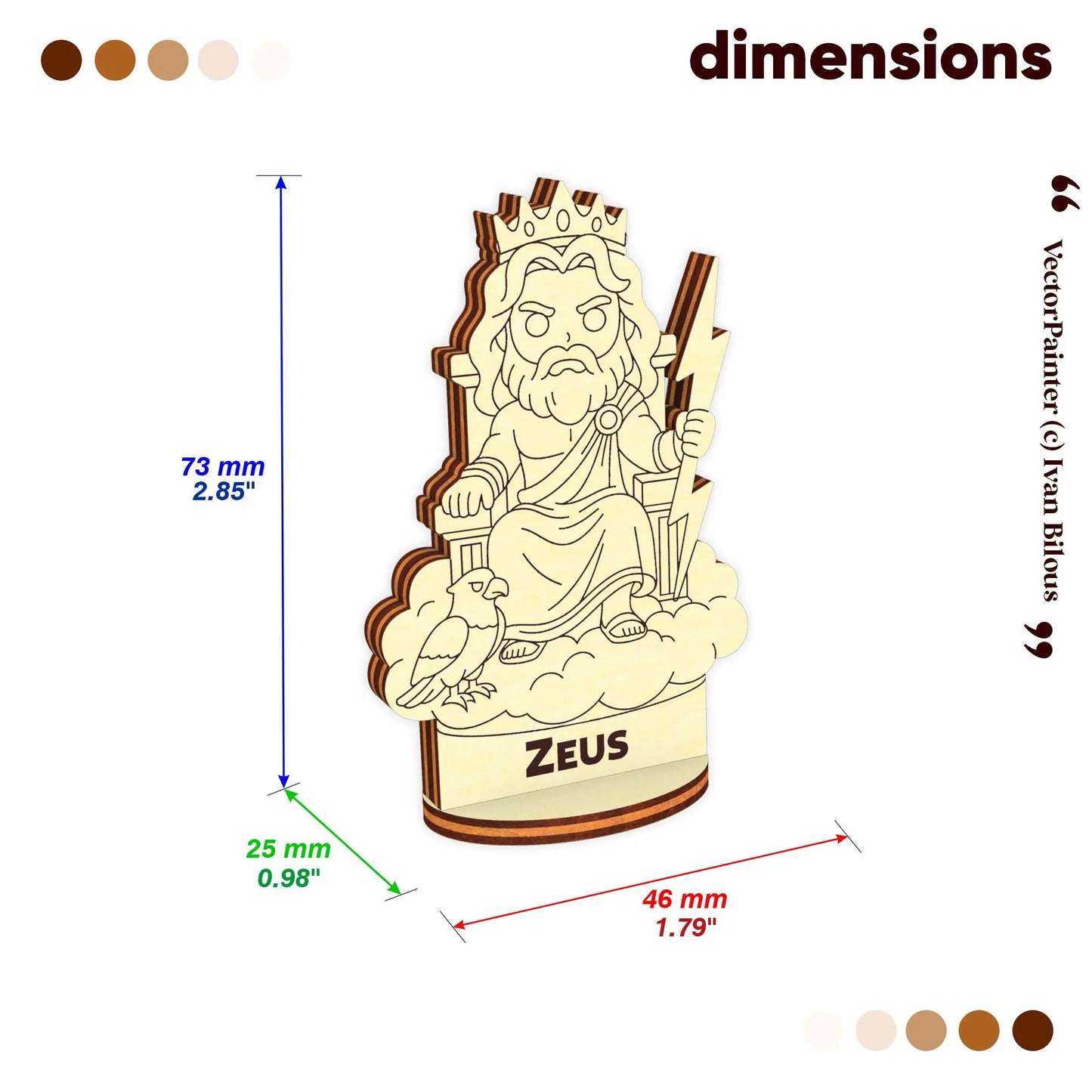Dimensions of laser cut plywood Zeus figurine: 73 mm height, 46 mm width, 25 mm depth for tabletop gaming scales.