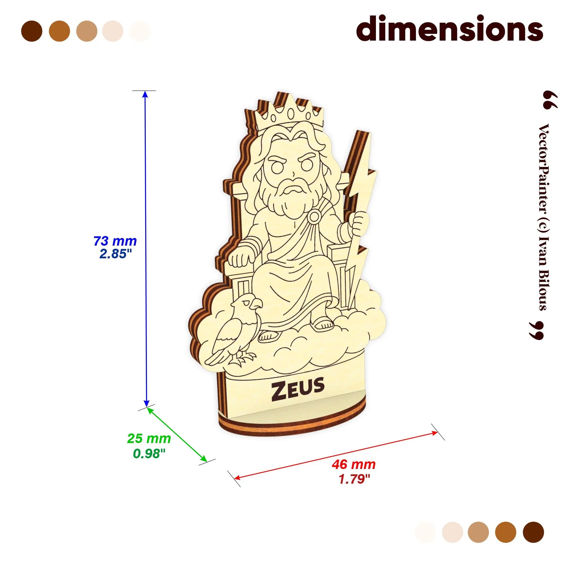 Dimensions of laser cut plywood Zeus figurine: 73 mm height, 46 mm width, 25 mm depth for tabletop gaming scales.