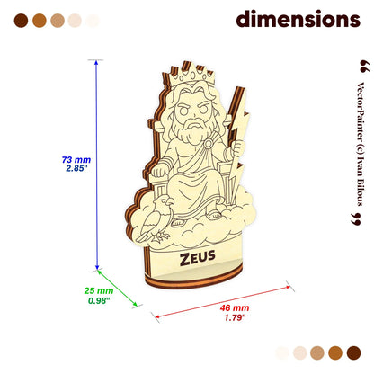 Dimensions of laser cut plywood Zeus figurine: 73 mm height, 46 mm width, 25 mm depth for tabletop gaming scales.