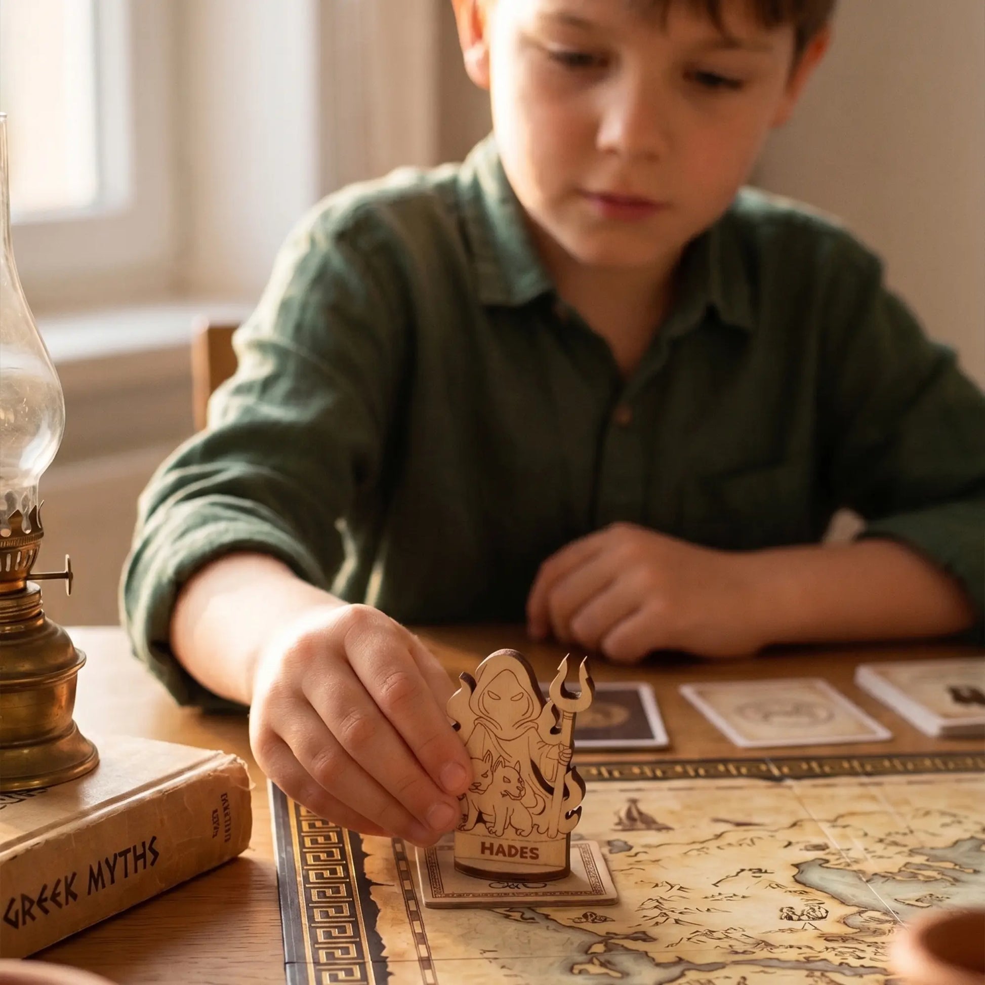 A child's hand moving a laser cut plywood Hades figurine across a colorful board game map with various tokens and cards