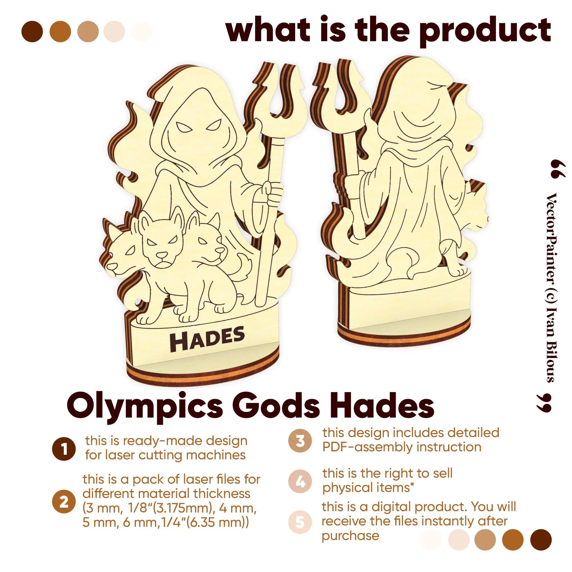 Product infographic for laser cut plywood Hades digital files showing 3D front and back renders with a key feature list