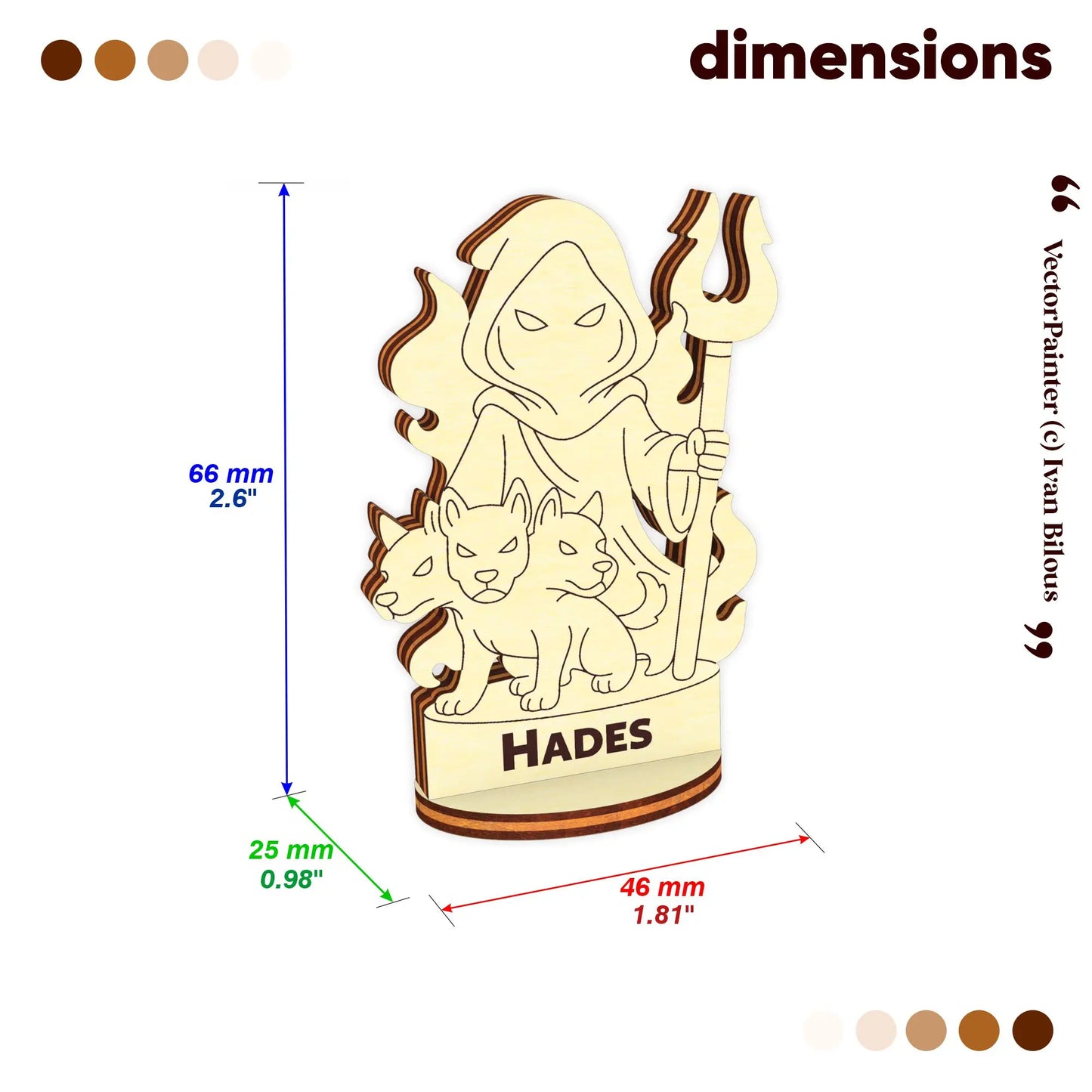 Dimension chart for the laser cut plywood Hades figurine: 66mm height, 46mm width, and 25mm depth on a white background