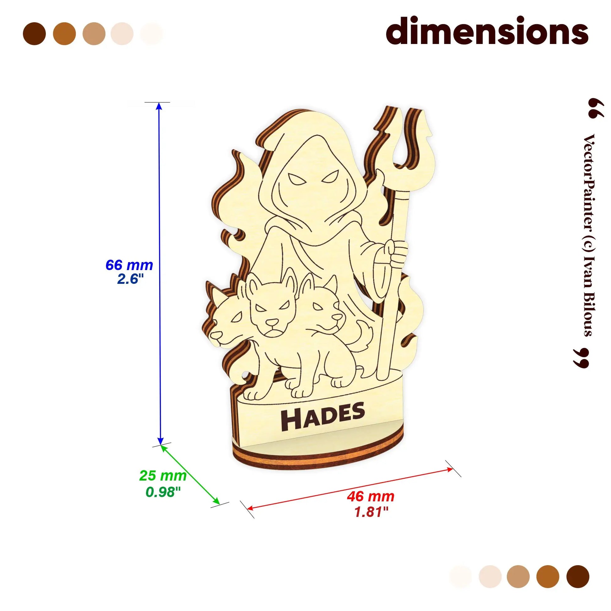 Dimension chart for the laser cut plywood Hades figurine: 66mm height, 46mm width, and 25mm depth on a white background