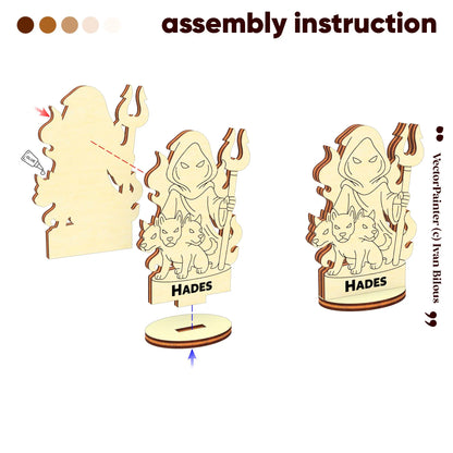 Assembly guide for Hades: diagram shows how to glue and slot the laser cut plywood pieces into a sturdy oval wood base