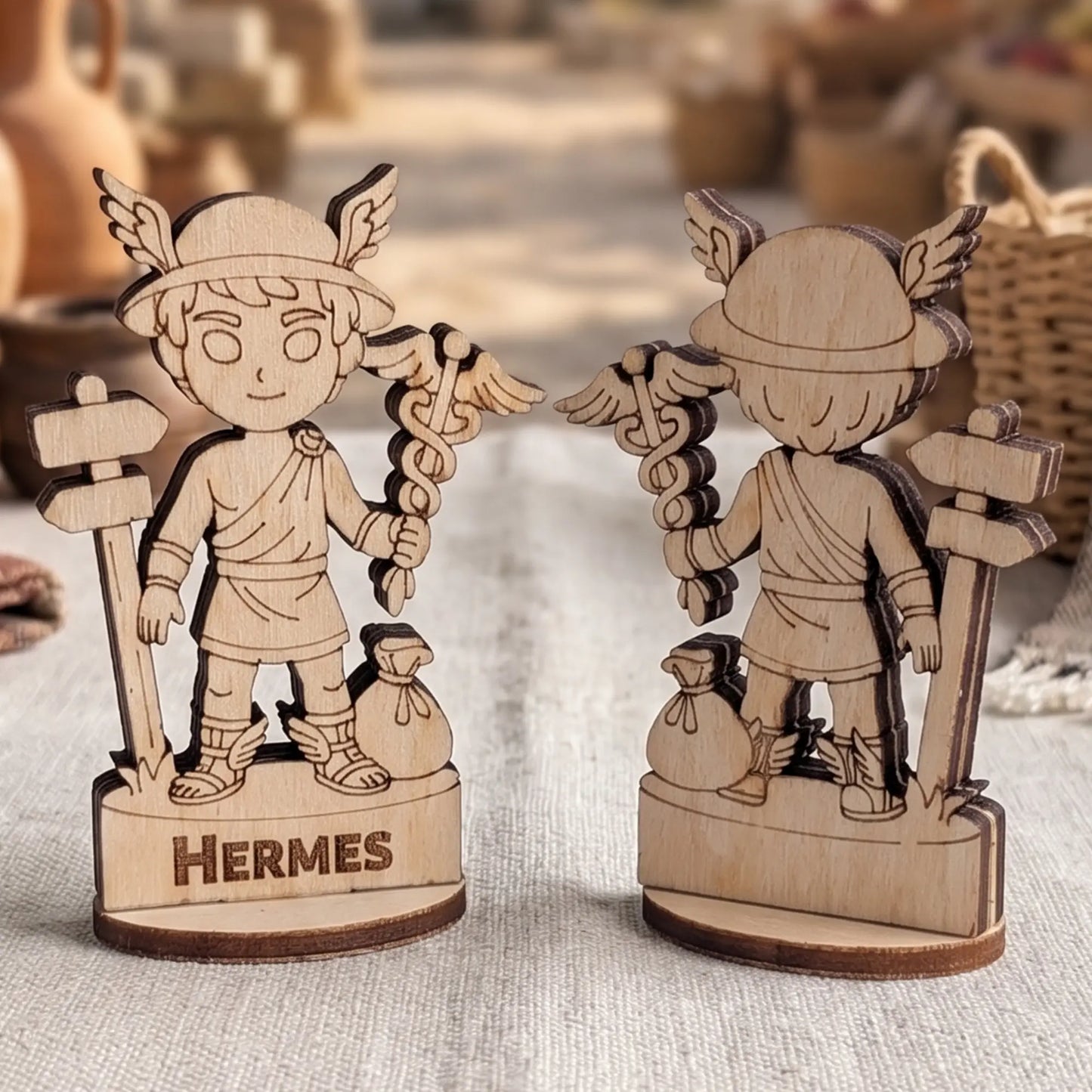 Front and back views of a laser cut plywood Hermes miniature with caduceus and winged boots against blurred ancient ruins