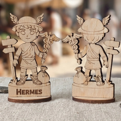 Angled side view of laser cut plywood Hermes figurine showing dark brown burnt wood edges and detailed engraved character
