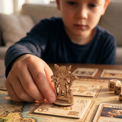 A child's hand moving a laser cut plywood Hermes miniature across a colorful board game map during a tabletop RPG session