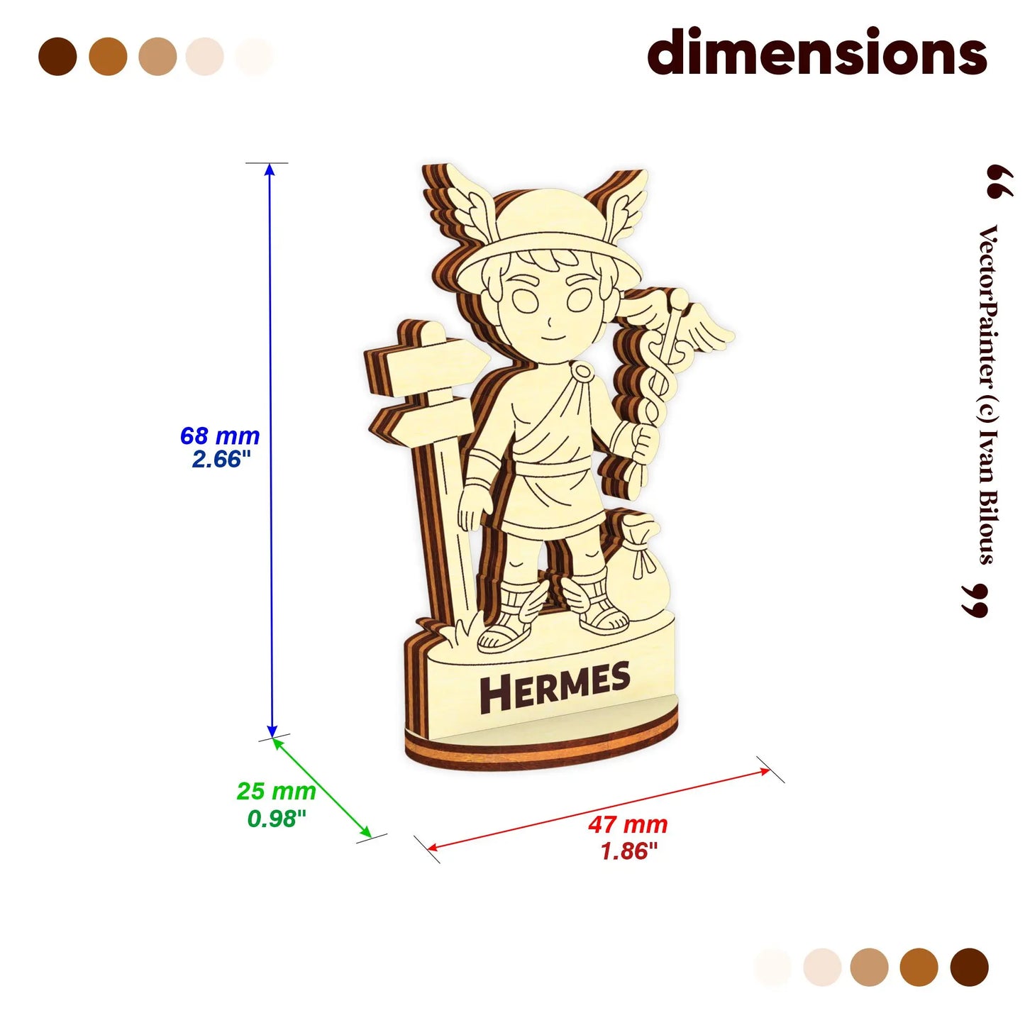 Dimension chart for laser cut plywood Hermes miniature: 68mm height, 46mm width, and 25mm depth for tabletop board games